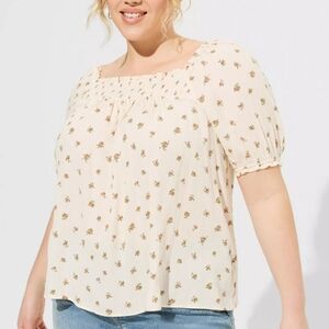 Torrid, Washable Gauze Ivory Ditsy Floral Dew Smocked Yoke Peasant Top SZ 1X